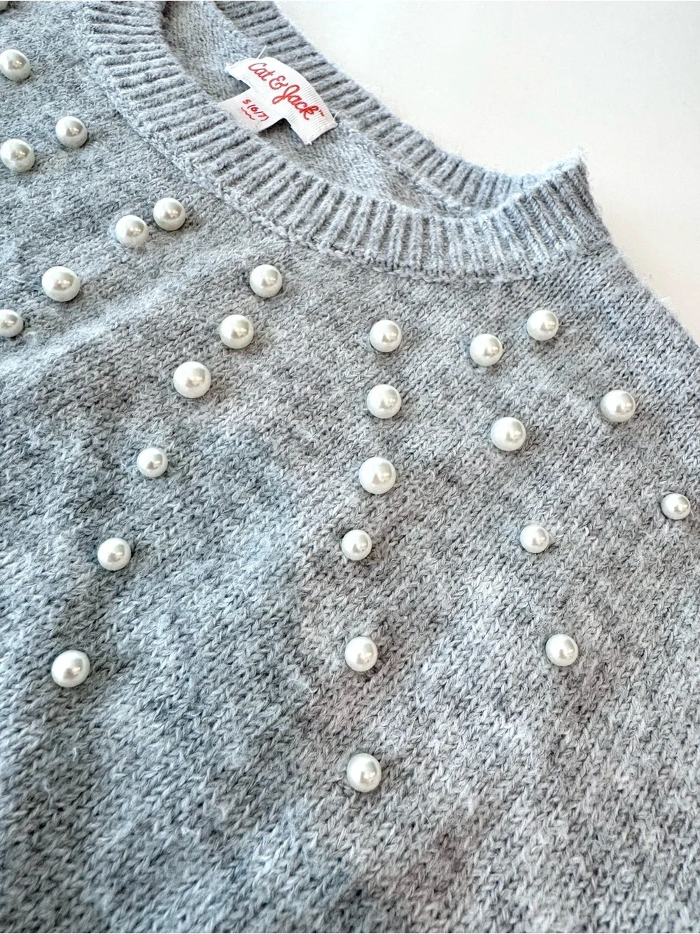 Cat & Jack Girls’ Gray Pearl-Embellished Crewneck Sweater, Size S (6-7)